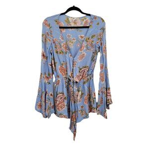 Billabong Romper Boho Festival Large Bell Sleeve Plunging Tie Waist Floral Sz M